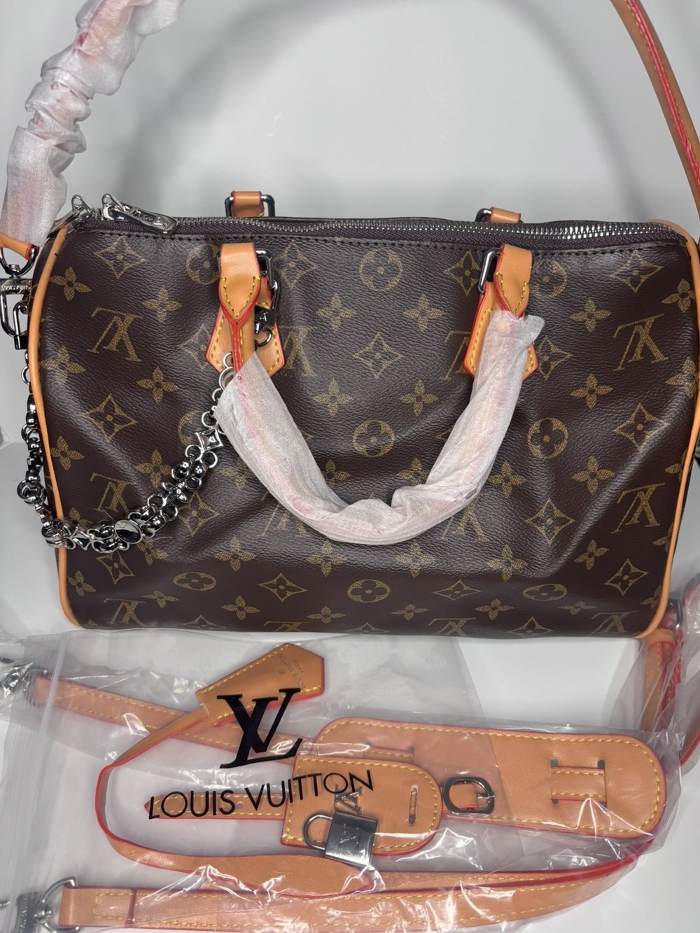 Source Unknown Brown Monogram Satchel with Tan Trim